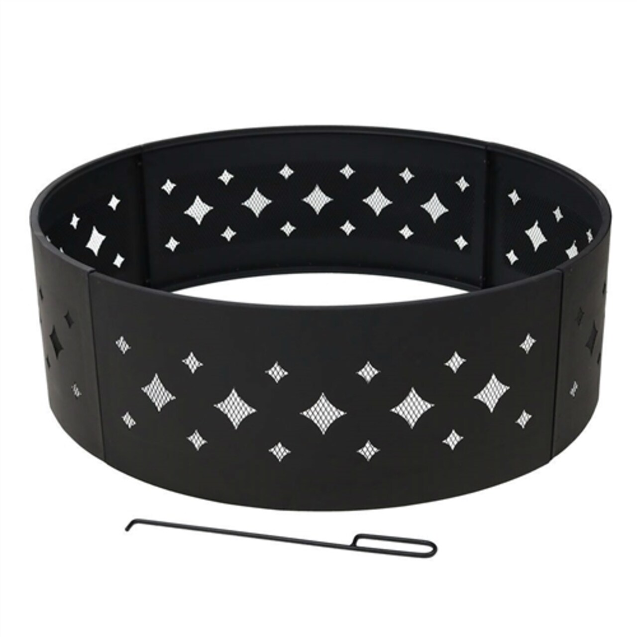 36 Inch Black Steel Fire Pit Ring with Diamond Cutouts Heavy Duty 4 Piece Assembly and Firewood Poker for Patio Backyard Campsite